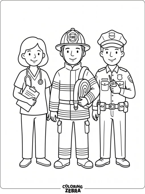 Community helpers standing together with tools and uniforms