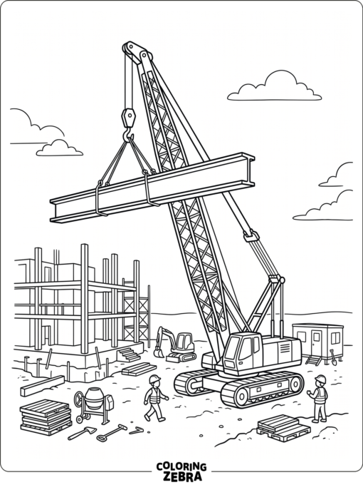 A construction crane lifting a beam at a job site