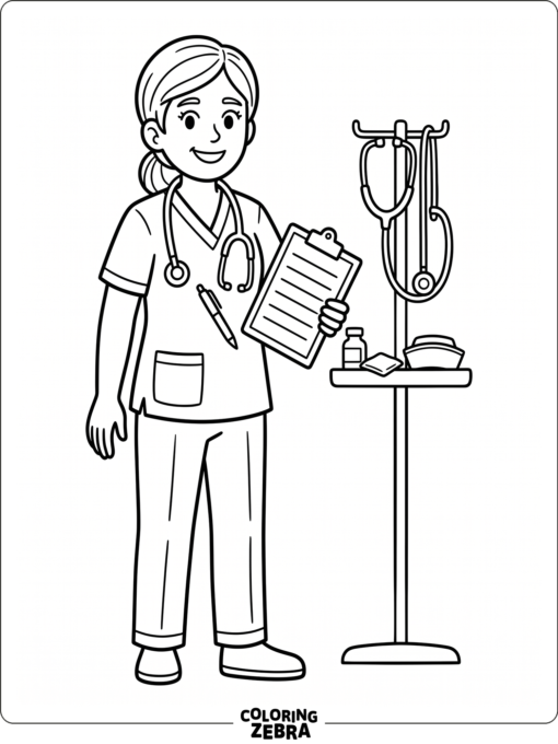 A doctor in scrubs holding a clipboard