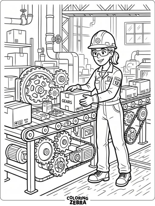 Factory worker beside gears and a conveyor belt