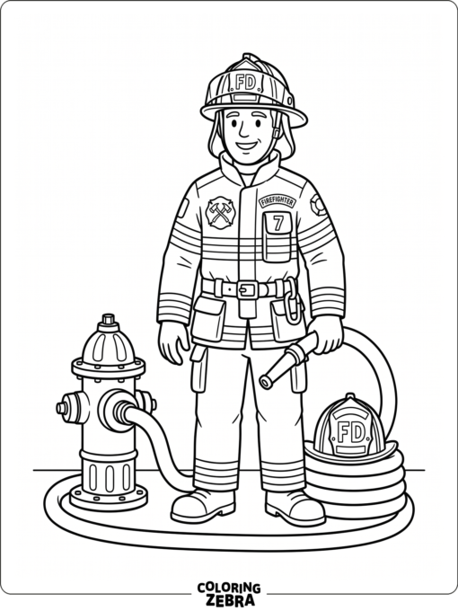 Firefighter with hose, helmet, and hydrant