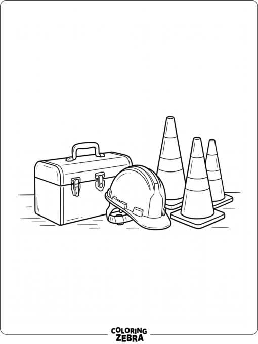 Hard hat beside a toolbox and safety cones
