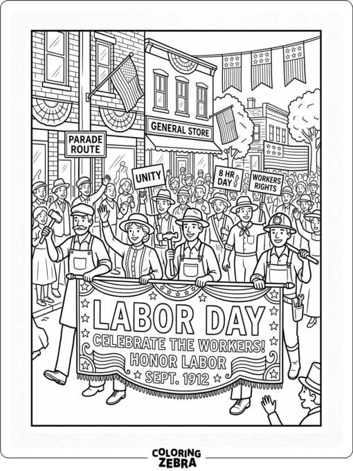 Historical Labor Day scene with banner and workers