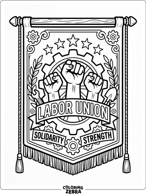 Labor union banner with fists, stars, and gears