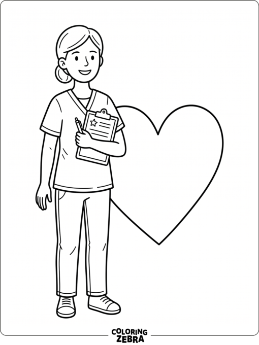 Nurse holding a clipboard beside a heart