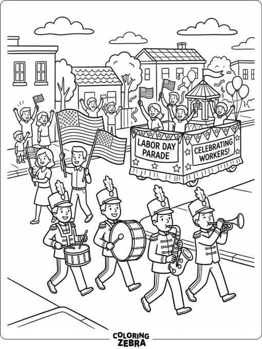 Labor Day parade with flags, floats, and a marching band