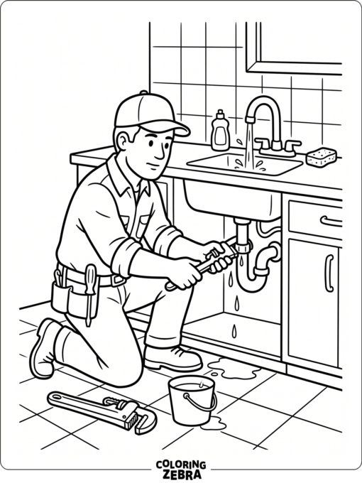 A plumber kneeling by a sink with a wrench
