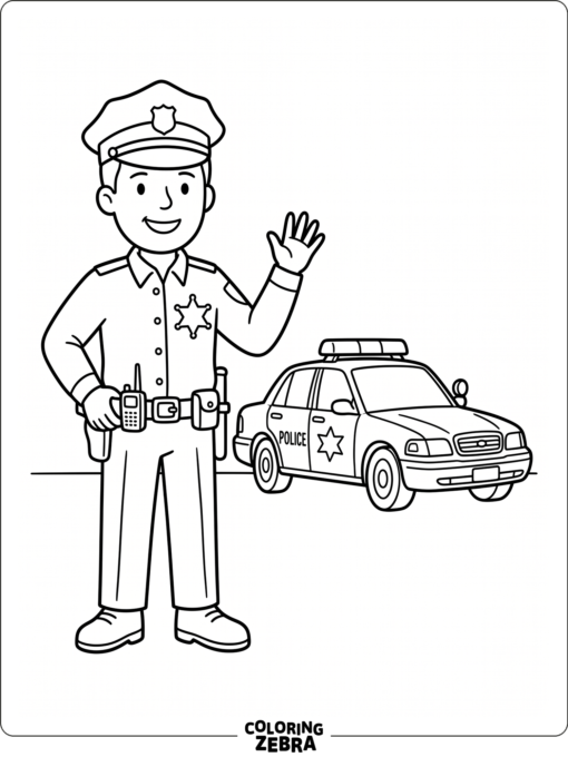 Police officer beside a patrol car and badge