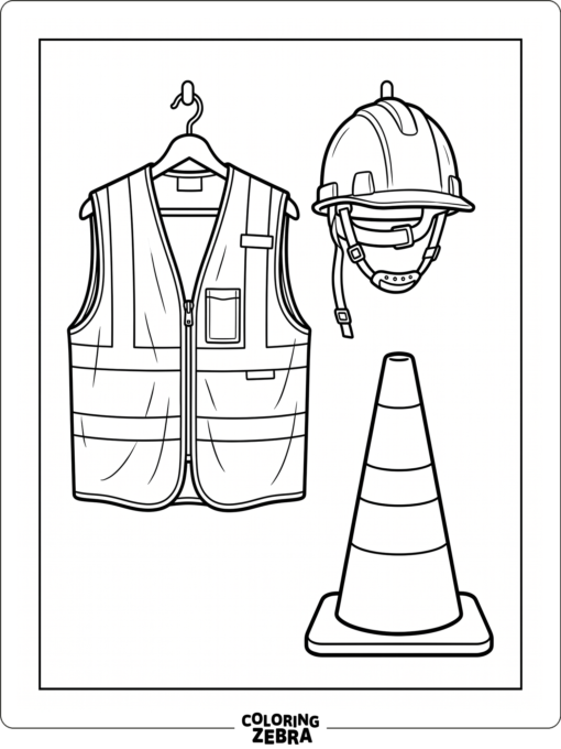 A safety vest hanging beside a hard hat and cone