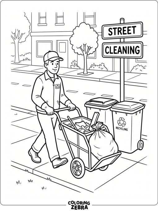 A sanitation worker pushing a cart past trash bins