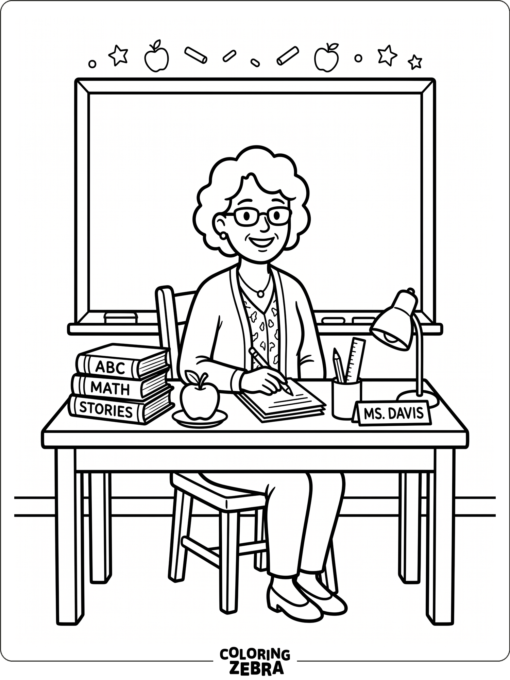 Teacher at a desk with books and an apple