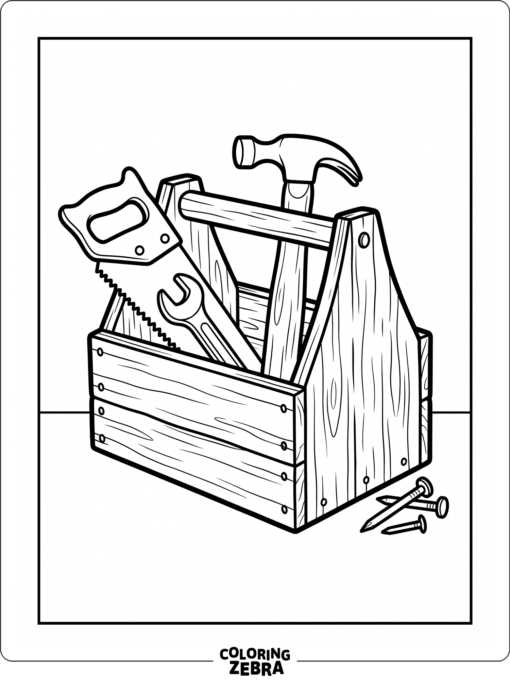 Toolbox with wrench, hammer, saw, and nails