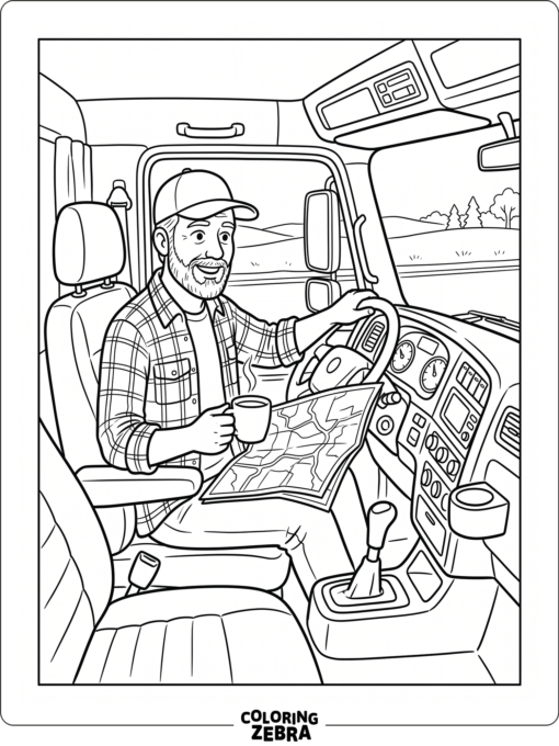 A truck driver in a cab with a map and coffee cup