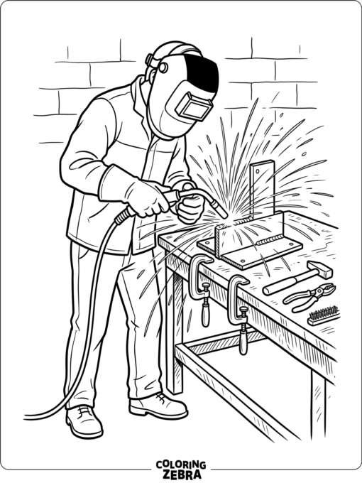 A welder wearing a helmet with sparks around metal pieces