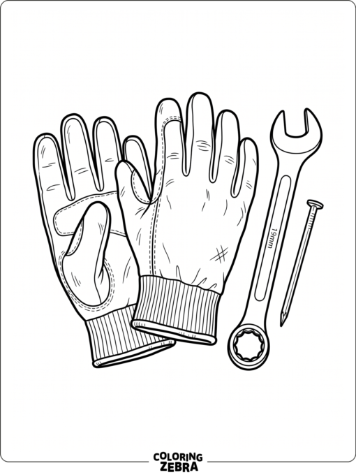 Work gloves beside a wrench and nail