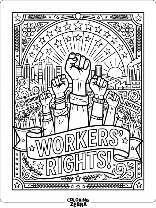 Workers rights poster with raised hands and stars