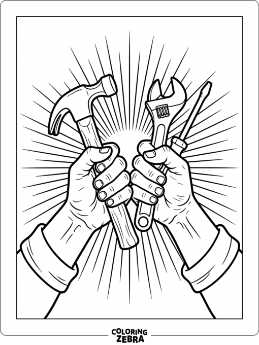 Two working hands holding tools with rays behind them