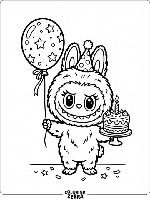A cute Labubu character with a balloon and cake