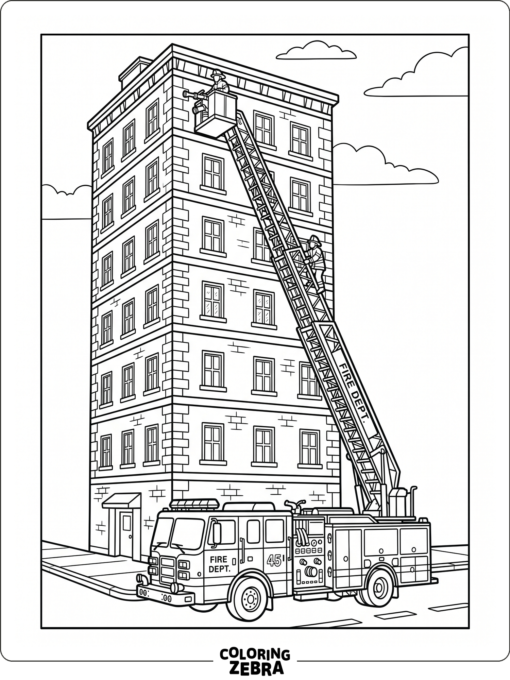 Ladder fire truck beside a tall building