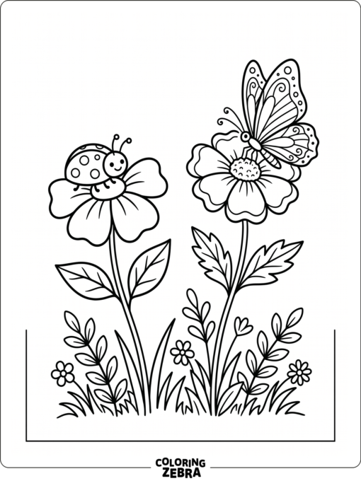 A ladybug and butterfly on flowers in a garden