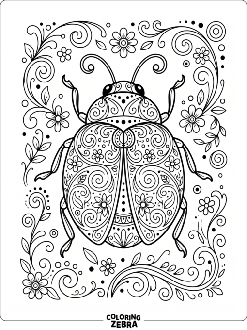 A decorative ladybug with swirls and flowers around it
