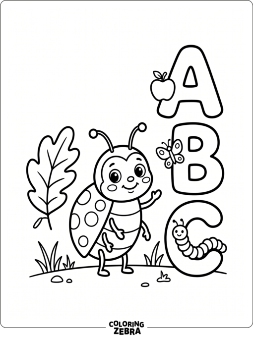 A friendly ladybug next to big letters and a leaf