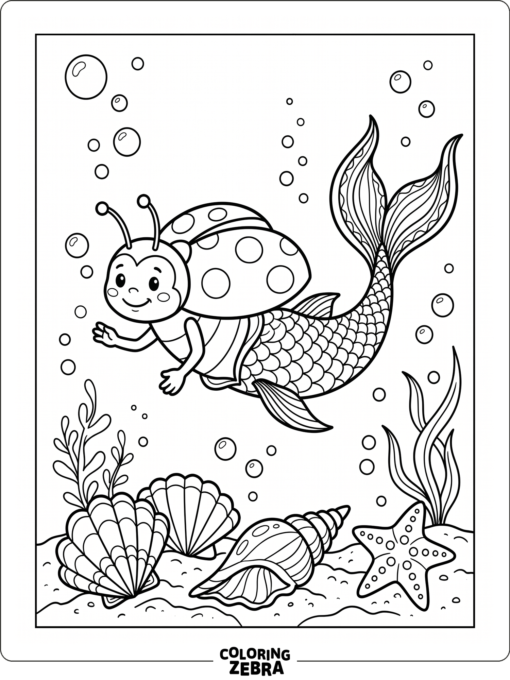 A ladybug with a mermaid tail and bubbles