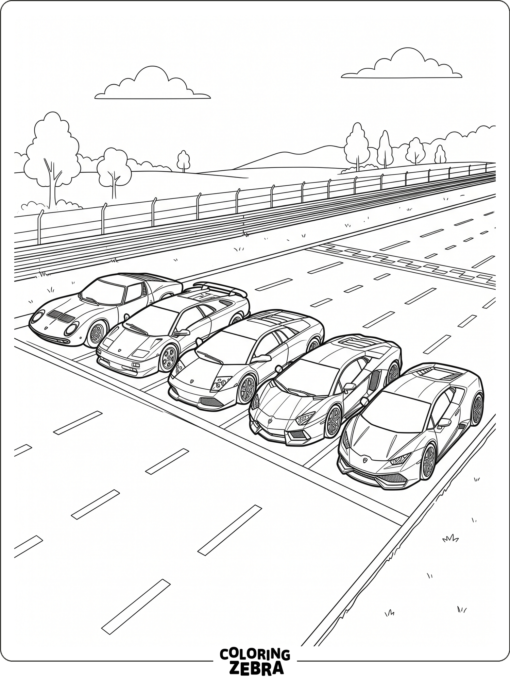Several lambo sports cars lined up on a simple track