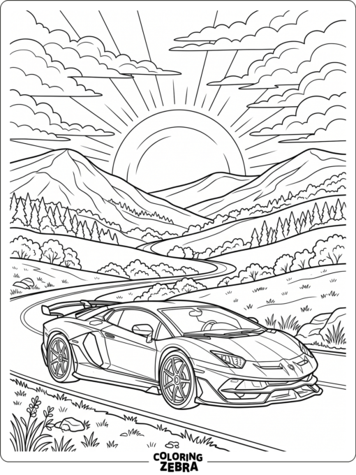 Lamborghini parked at sunset with hills and a clear sky