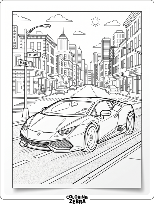 Lamborghini on a city street with buildings and simple road signs