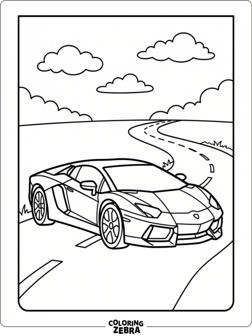 Simple Lamborghini coloring page for kids with road and clouds