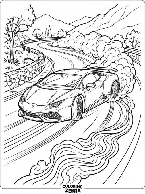 Lamborghini drifting through a curve with smoke behind the tires