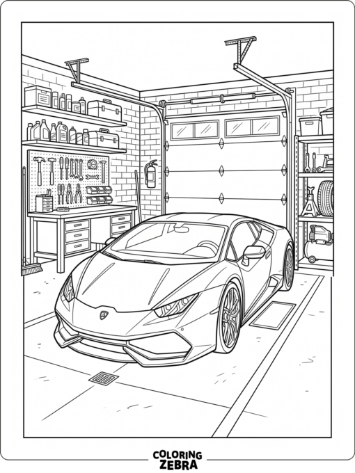 Lamborghini parked in a neat garage with tools and shelves