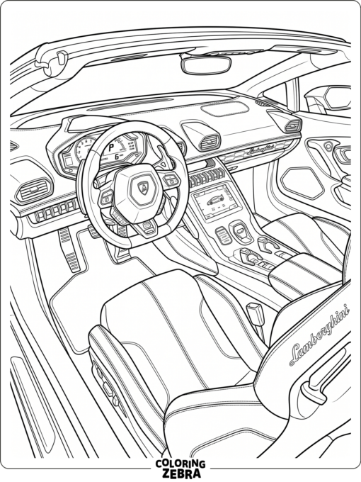 Lamborghini interior with seats, steering wheel, and dashboard