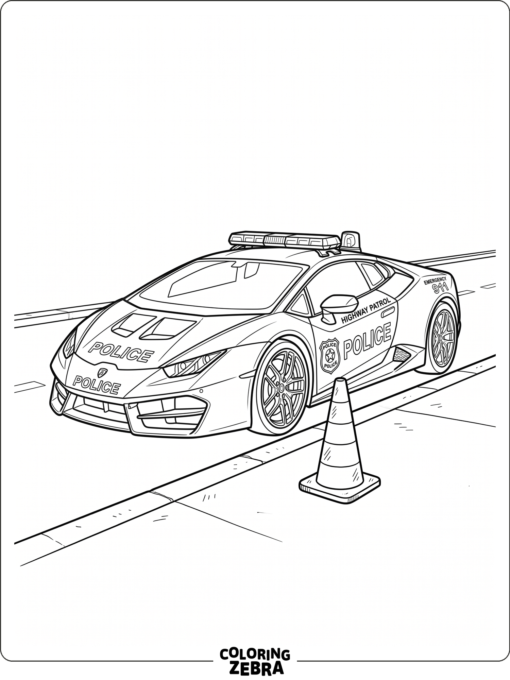 A Lamborghini police car parked by a cone with bold lines