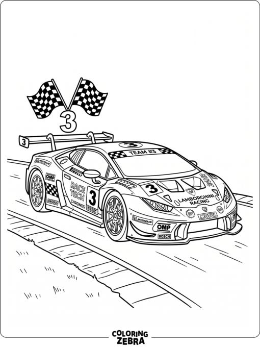 A race-style Lamborghini with number decals and flags