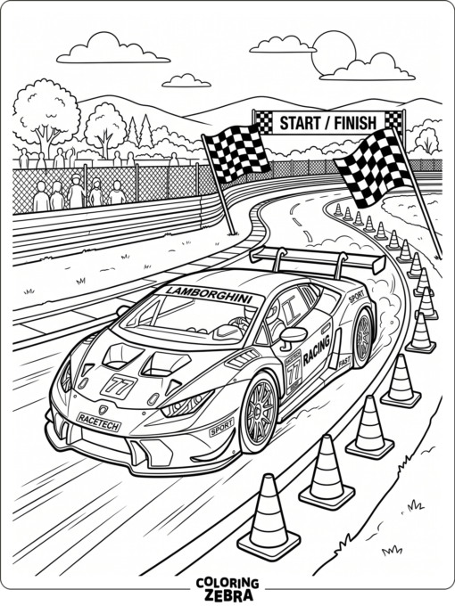 Lamborghini racing on a track with cones and checkered flags