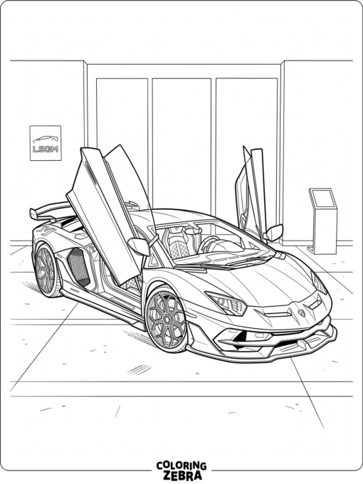 Lamborghini with scissor doors raised in a clean showroom