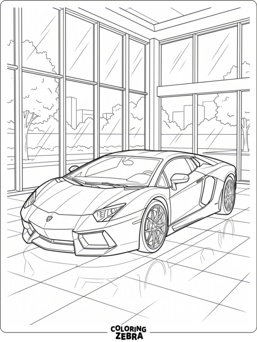 Lamborghini in a bright showroom with wide windows and floor space