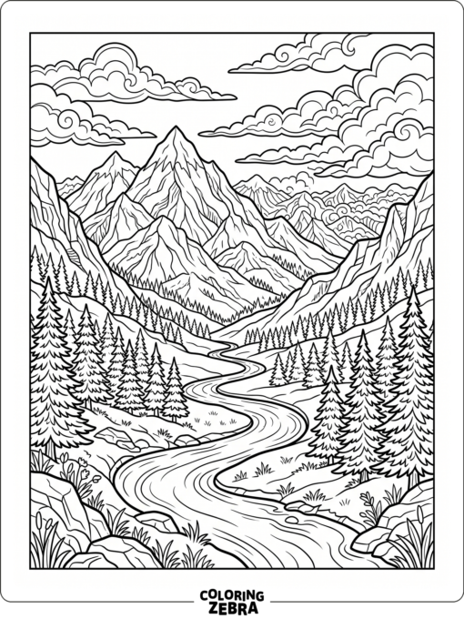 A detailed mountain view with a river, trees, and clouds