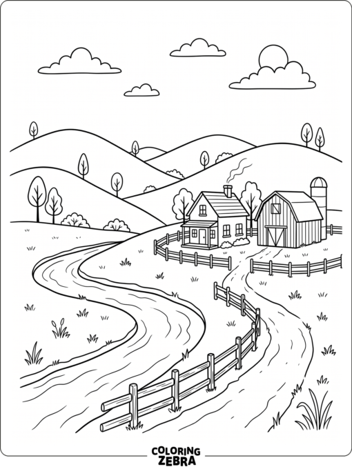 A farm landscape with hills, a river, and a barn