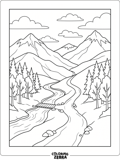 A clean mountain path with trees, clouds, and a river