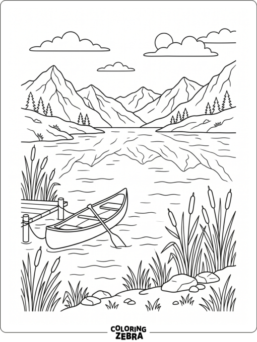A quiet lake with reeds, mountains, and a canoe