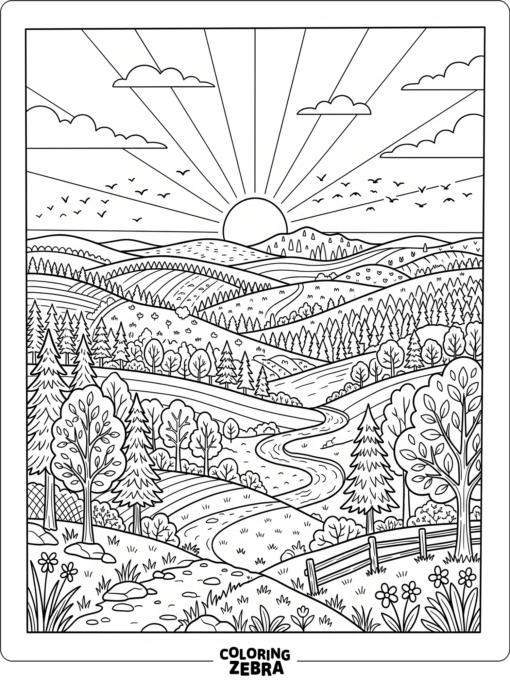 A broad landscape with hills, trees, and a sunset sky