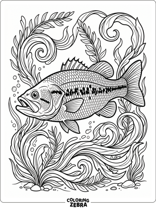 A detailed bass swimming through water plants