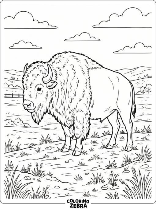 A sturdy bison standing on open grass with simple clouds above