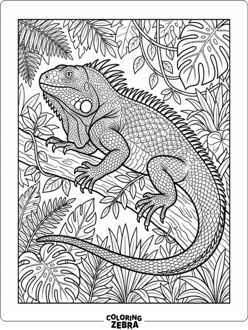 A detailed iguana with layered scales and jungle foliage