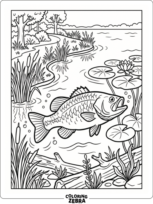 A largemouth bass swimming near lily pads