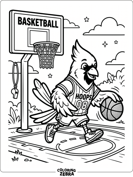 A sporty bird stands near a basketball hoop