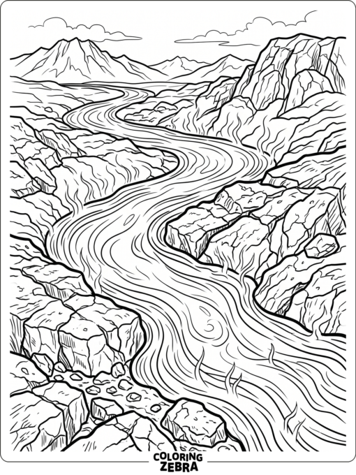 A lava flow winding over cracked rocks